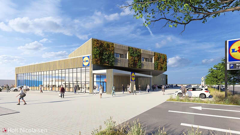 Neues Versorgungszentrum für Tinnum: So soll „Nii Kiarwai“ nach der Fertigstellung aussehen. Die Planung für das neue Quartier mit Lebensmittelmarkt, Dauerwohnungen und weiteren Nahversorgungsangeboten entstand in Zusammenarbeit von Lidl und Holt & Nicolaisen.